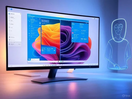 A curved computer monitor displays a colorful desktop with UI elements, next to a glowing neon outline of a person.