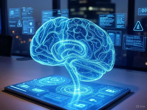 A digital hologram of a brain displayed on a tablet, with a futuristic, tech-inspired background of floating data and interface elements.