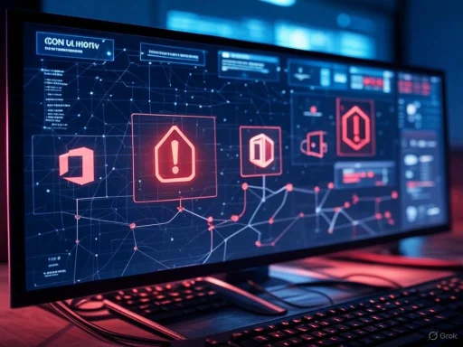 A computer monitor displaying cybersecurity warning alerts in a high-tech environment.