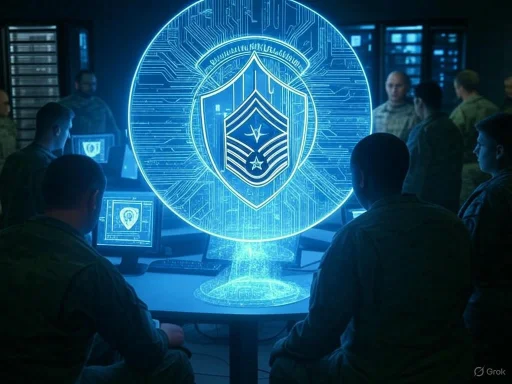 Military personnel observe a holographic digital shield emblem in a high-tech command room.