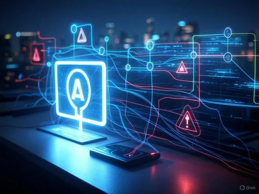 Digital abstract of artificial intelligence and data flow with warning symbols in a futuristic cityscape at night.