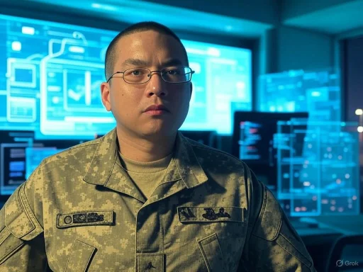 A soldier in military uniform stands in front of high-tech computer screens with digital data and graphics.
