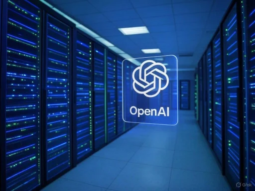 A data center with server racks illuminated in blue and green, featuring a floating OpenAI logo. A data center with server racks illuminated in blue and green, featuring a floating OpenAI logo.