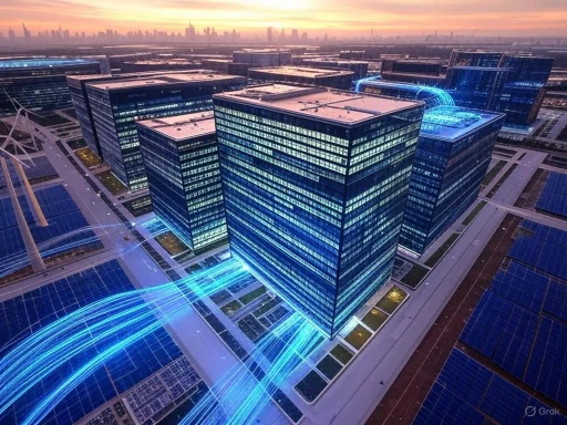 Futuristic cityscape with illuminated skyscrapers and solar panels at sunset.