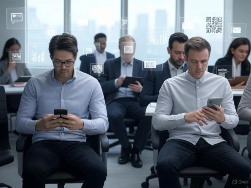 Business professionals in a conference room are engaged with their smartphones amidst augmented digital data overlays.