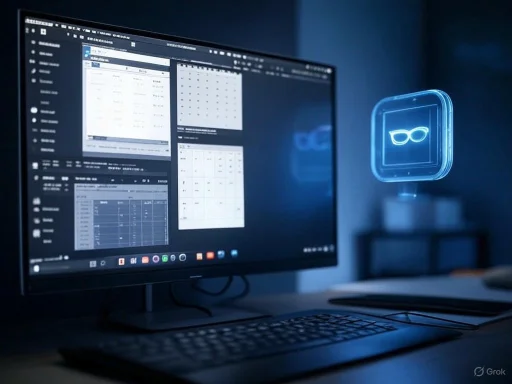 A computer screen displays data and charts, with an illuminated glasses icon hologram nearby.