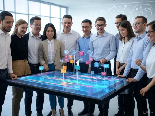 Team of professionals gathered around a high-tech, interactive digital table in a modern office setting.