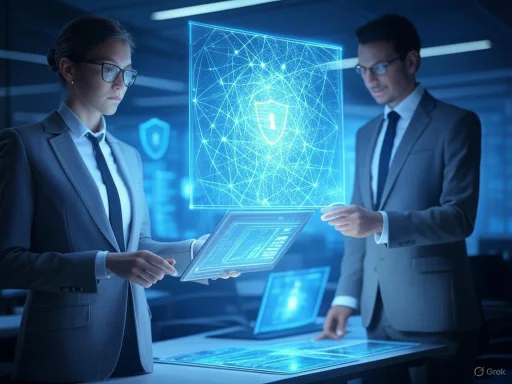 Two professionals in suits analyzing digital security data with holographic shields in a futuristic, high-tech office.