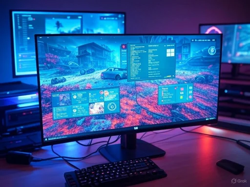 A gaming or tech workstation with multiple monitors displaying a futuristic, vibrant landscape scene with various app windows open.