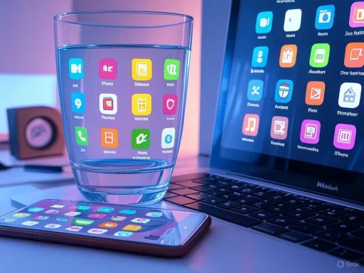A glass of water, smartphone, and laptop displaying colorful app icons in a modern workspace. A glass of water, smartphone, and laptop displaying colorful app icons in a modern workspace.