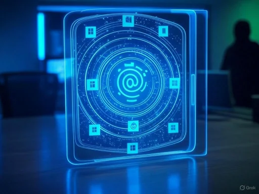 A glowing holographic display centered on an email symbol (@), surrounded by digital interface icons and concentric circles.