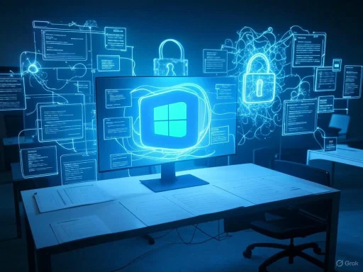 A computer monitor displays a Windows logo with digital security icons and code, symbolizing cybersecurity and data protection.