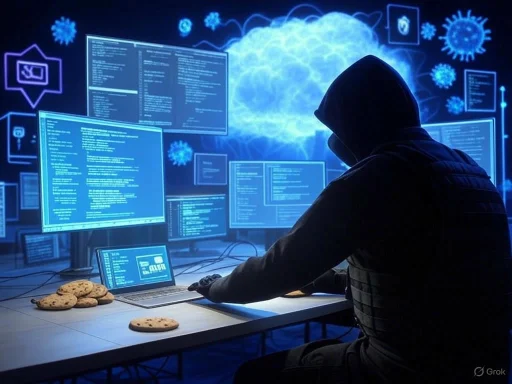 A hacker in a hoodie working on multiple screens with digital virus icons and code, with cookies on the desk.