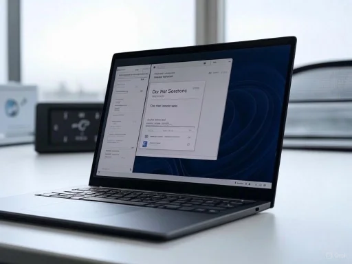 A laptop displaying a document or form on a clean, modern office desk near a window.