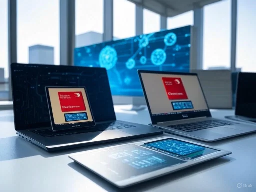 Three laptops and a tablet displaying red and blue digital graphics in a modern office setting.