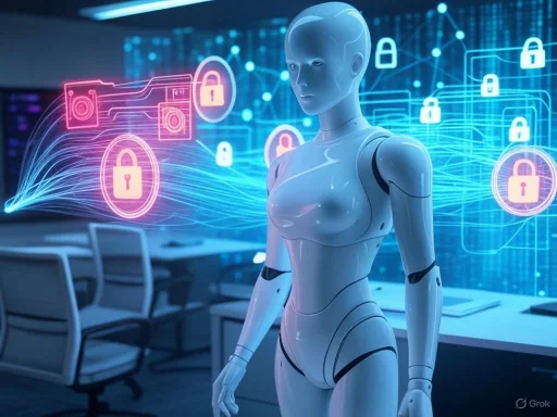 Futuristic robot in a control room with digital security icons and holographic data display. Futuristic robot in a control room with digital security icons and holographic data display.