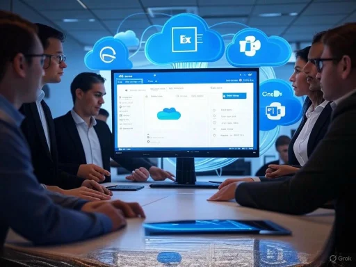 Business professionals discuss cloud-based data management and collaboration tools.