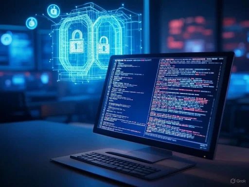 A hacker's computer screen displaying code with a digital lock graphic representing cybersecurity or data protection. A hacker's computer screen displaying code with a digital lock graphic representing cybersecurity or data protection.