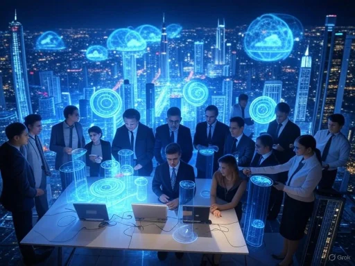 A group of business professionals works on futuristic holographic displays in a neon-lit cityscape.