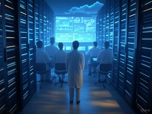 Scientists analyze data in a high-tech data center with illuminated servers and large digital screens displaying graphs.