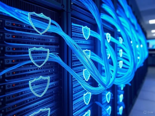 Server racks with digital security shield icons and glowing blue data streams in a high-tech data center.