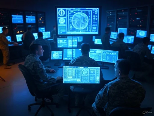 Military personnel monitor advanced computer screens in a high-tech command room. Military personnel monitor advanced computer screens in a high-tech command room.