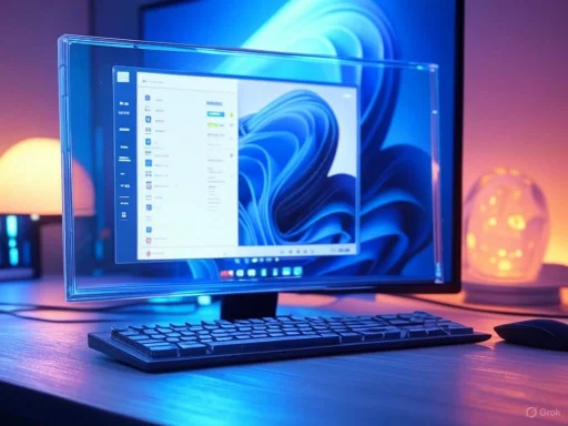 A computer setup with a transparent screen in a colorful, ambient-lit workspace.
