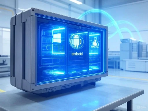 A futuristic digital display showcases Android, Windows, and Linux logos on a high-tech device in a lab setting.