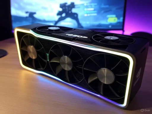 A high-end graphics card with colorful LED lighting on a wooden desk, with a gaming monitor in the background.