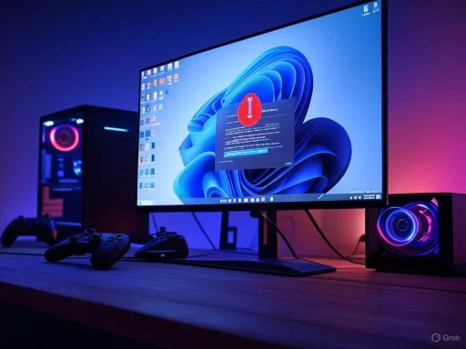 A gaming setup with a monitor displaying a Windows error message, surrounded by RGB-lit PC components and controllers. A gaming setup with a monitor displaying a Windows error message, surrounded by RGB-lit PC components and controllers.