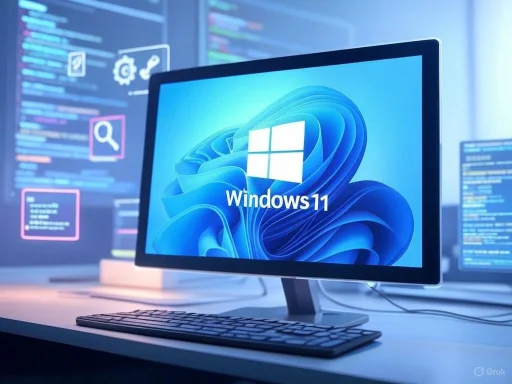 A computer monitor displays the Windows 11 logo, with coding and development screens in the background. A computer monitor displays the Windows 11 logo, with coding and development screens in the background.