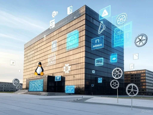 A modern glass building with digital icons and gears overlayed, featuring a penguin mascot and tech logos.