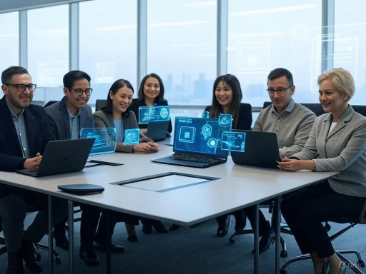 A diverse group of professionals collaborates around a table with holographic digital displays in a modern office. A diverse group of professionals collaborates around a table with holographic digital displays in a modern office.
