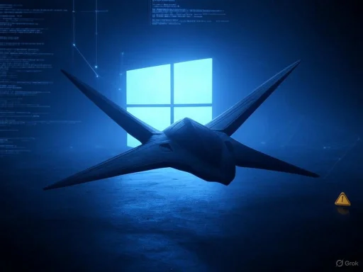 A stealth drone in front of a glowing Windows logo with digital data overlay in a dark room.