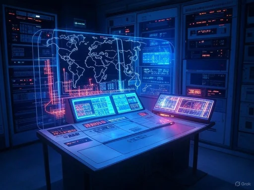 Futuristic command center with holographic global map and multiple screens displaying data.