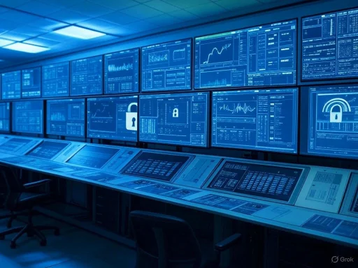 Data center or control room with multiple monitors displaying graphs, charts, and security icons in a blue-toned environment.