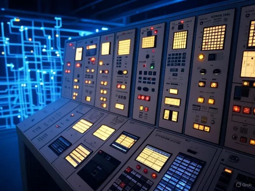 A sophisticated control panel with glowing buttons and screens, set against a futuristic digital network background.
