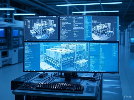 Multiple monitors display 3D models of a data center or server room.