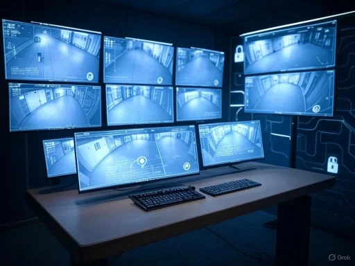 Multiple monitors display a security camera feed of an empty hallway in a dark control room.