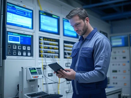 A technician monitors control panels and screens in an industrial control room, using a tablet for data or system management.