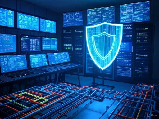 A high-tech server room with multiple monitors displaying data and a neon shield symbol representing cybersecurity.