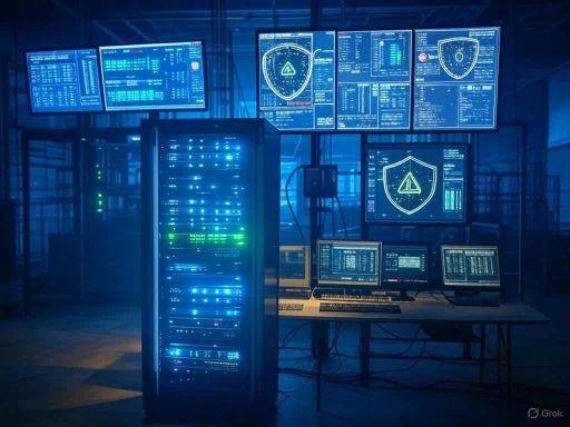 A futuristic cybersecurity command center with multiple large screens displaying data and security alerts.