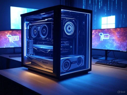 A custom-built gaming PC with transparent case illuminated by blue LED lights, displayed on a desk with dual monitors.