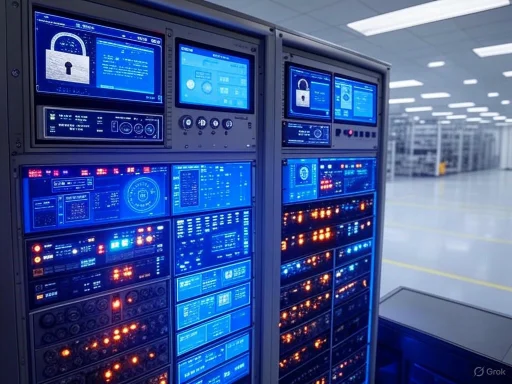Server racks with blue-lit panels in a data center or server room.