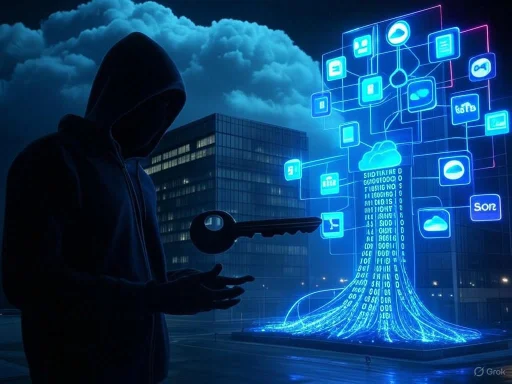 A hooded hacker with a key approaches a digital tree of interconnected cloud storage icons in a cityscape at night.