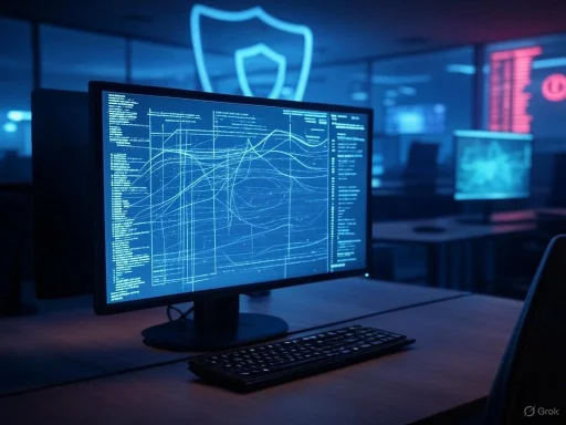A computer screen displays complex cybersecurity data, with a shield logo illuminated in the background.