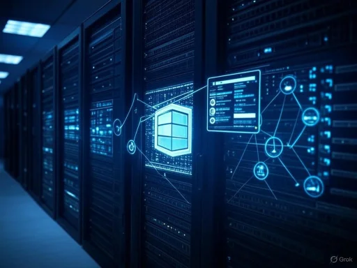 A data center with digital icons and graphics representing cloud computing and network connectivity.