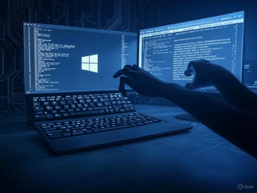 A person working on a computer with multiple screens displaying code and digital data, illuminated in blue.