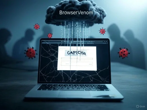 A laptop with a cracked screen under a cloud labeled 'BrowserVenom,' releasing digital streams onto a CAPTCHA form, surrounded by virus icons.