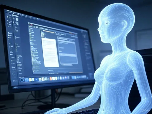 A digital humanoid figure appears to work at a computer with code and data displayed on the screen. A digital humanoid figure appears to work at a computer with code and data displayed on the screen.